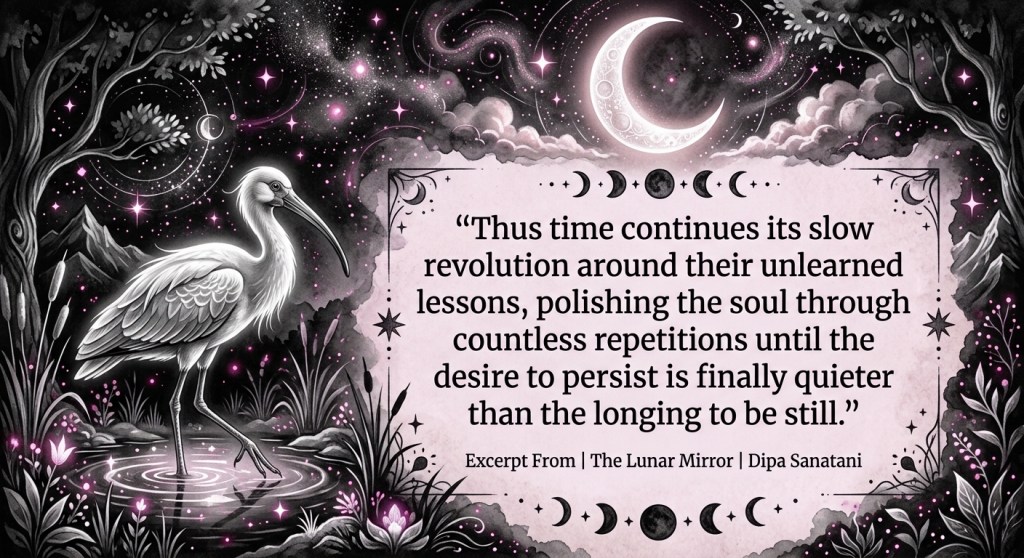 A white heron stands in a tranquil waterscape surrounded by plants, with a crescent moon and decorative celestial elements in the background. An excerpt from 'The Lunar Mirror' by Dipa Sanatani is displayed in an elegant font.