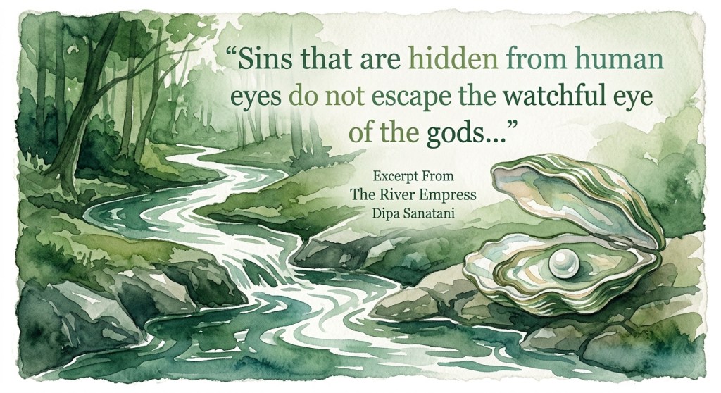 A watercolor illustration of a serene river winding through a lush forest, with an open oyster revealing a pearl. The image includes a quote about hidden sins and a reference to the book 'The River Empress' by Dipa Sanatani.