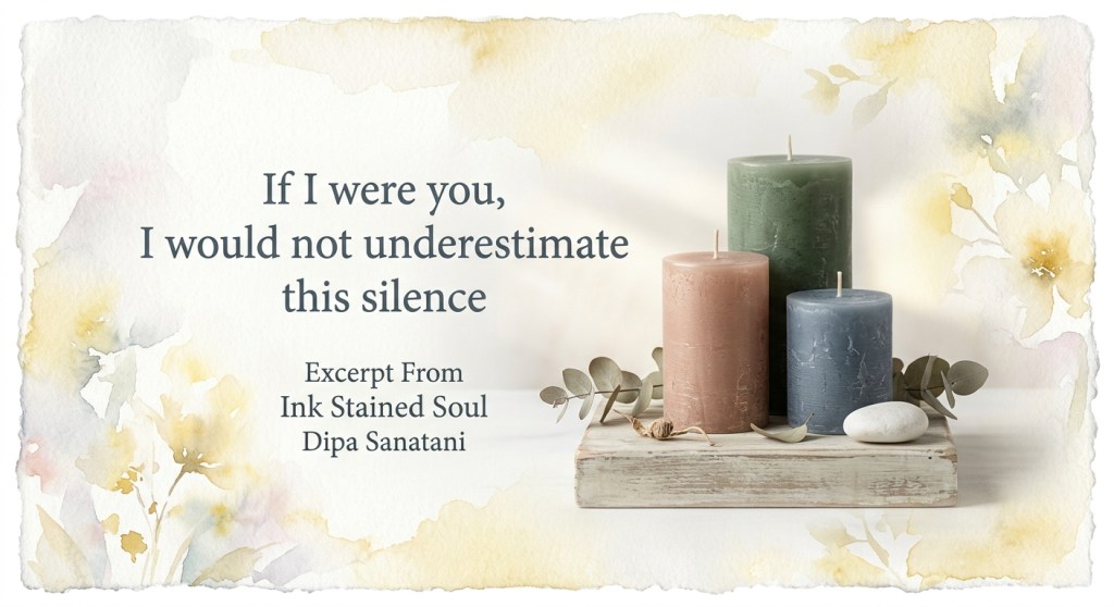 A peaceful composition featuring three candles of different colors (pink, green, and blue) on a wooden tray, surrounded by leaves and a smooth stone. The quote 'If I were you, I would not underestimate this silence' overlays the image, along with the text 'Excerpt From Ink Stained Soul Dipa Sanatani'.