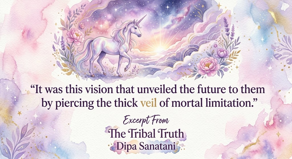 A whimsical illustration featuring a unicorn amidst a dreamy landscape of pastel colors, flowers, and stars, with an inspirational quote from 'The Tribal Truth' by Dipa Sanatani.
